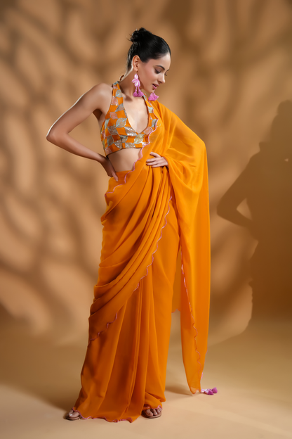 Chic Mustard Ready to Wear Saree with Embroidered Blouse Fabric