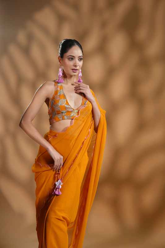 Chic Mustard Ready to Wear Saree with Embroidered Blouse Fabric