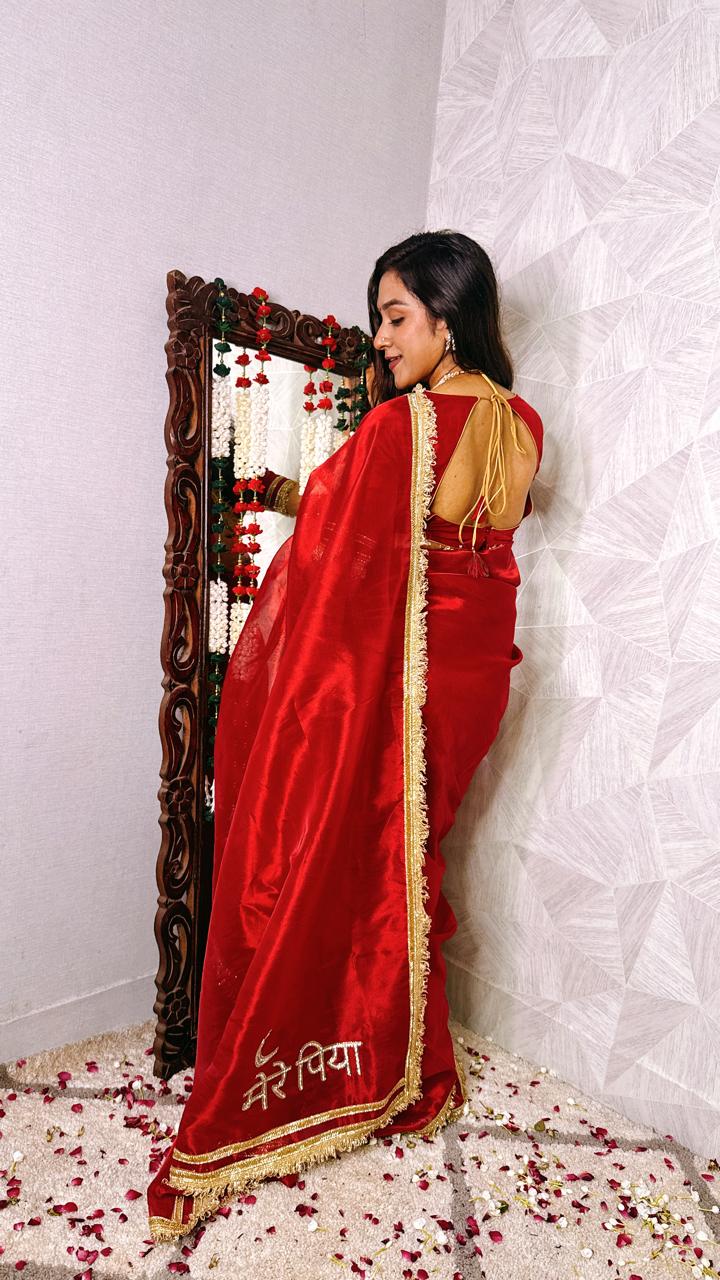 Red Premium Tissue Silk Hand-Embroidered Mere Piya Saree