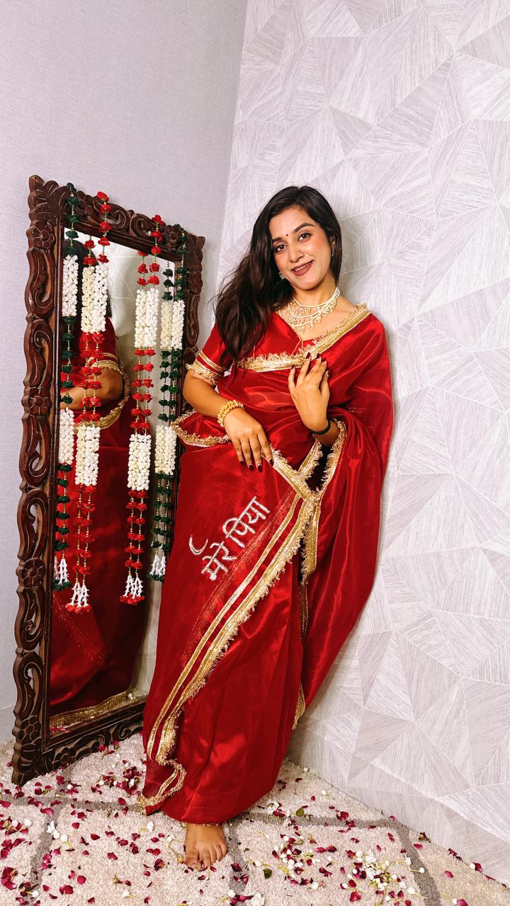 Red Premium Tissue Silk Hand-Embroidered Mere Piya Saree