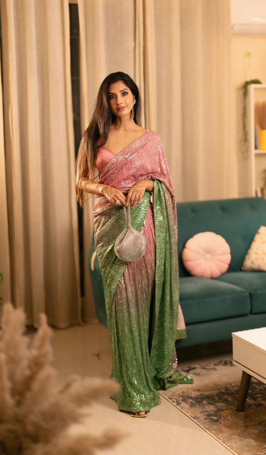 Dazzling Disco Luxe Ombre Sequin Saree with Blouse Fabric