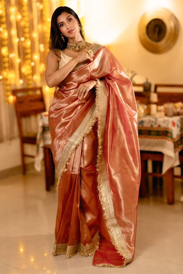Dreamy Rose Gold Radiance Tissue Saree
