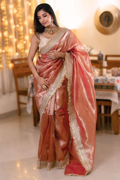 Dreamy Rose Gold Radiance Tissue Saree