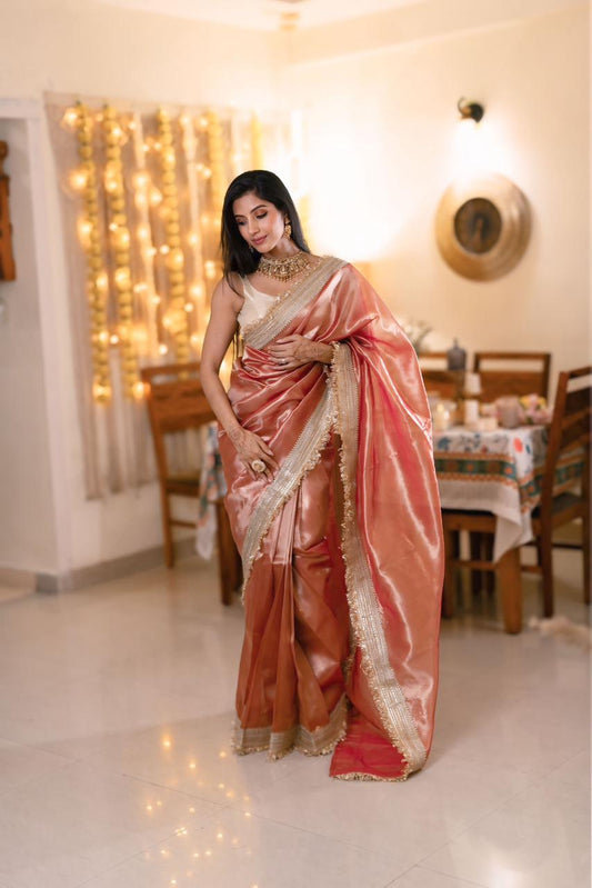 Dreamy Rose Gold Radiance Tissue Saree