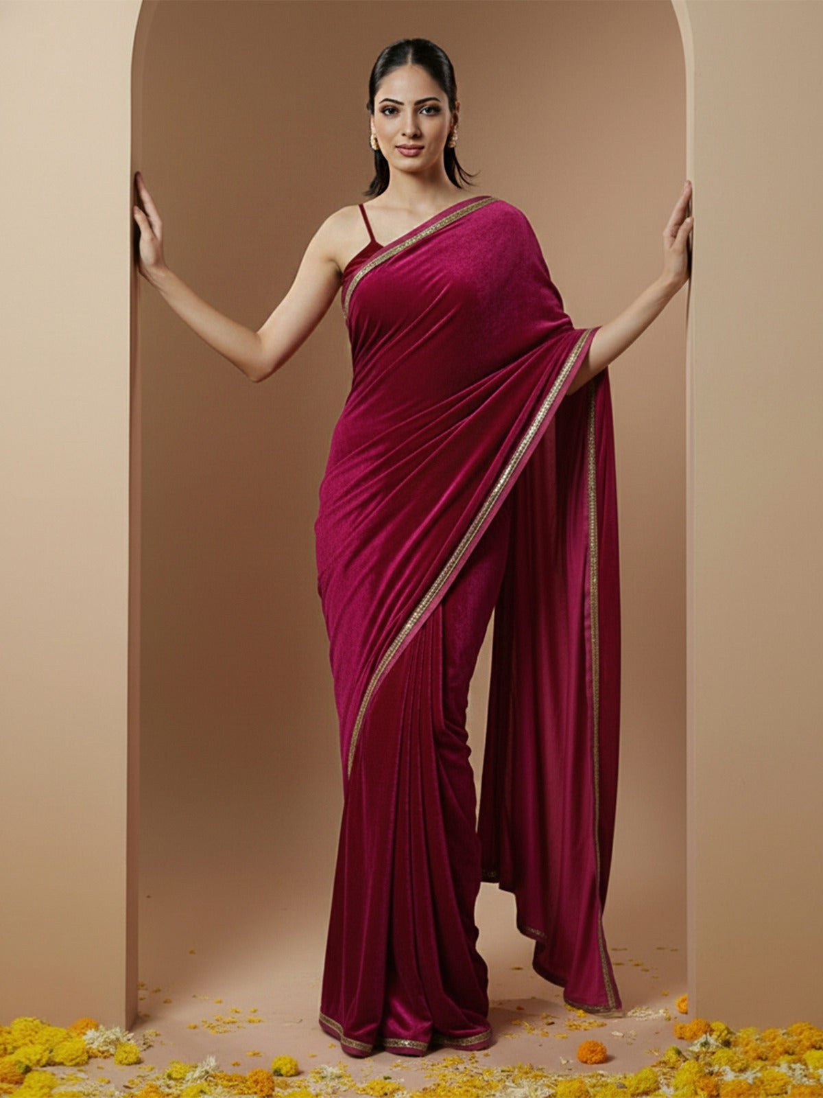 Royal Maroon Velvet Evening Designer Saree with Blouse Fabric