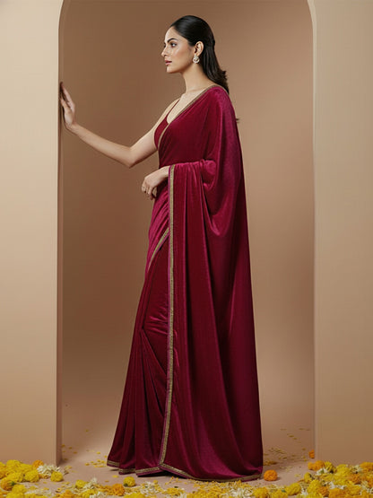 Royal Maroon Velvet Evening Designer Saree