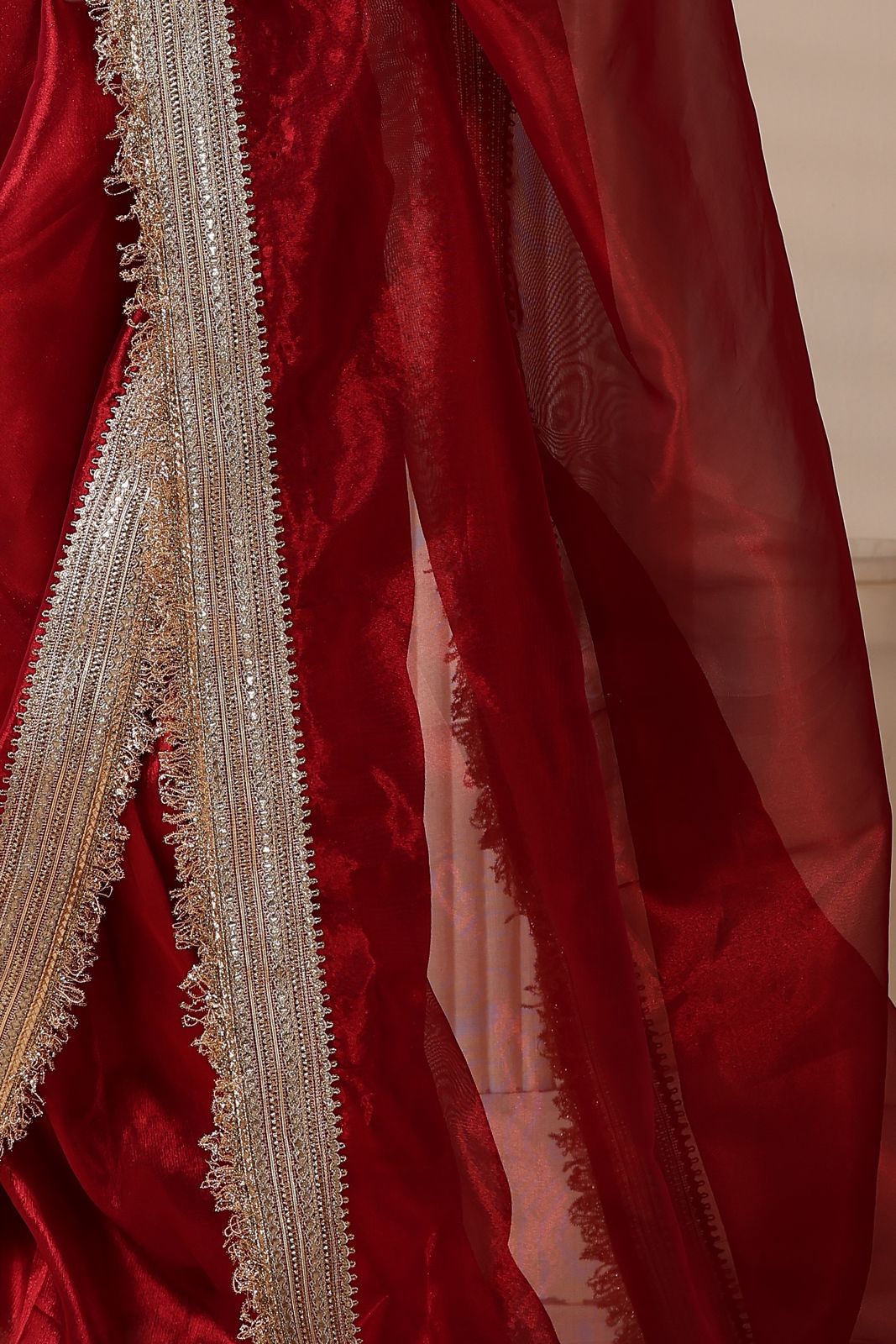 Ravishing Scarlet Radiance Tissue Saree with Luxe Hand Embellished Border