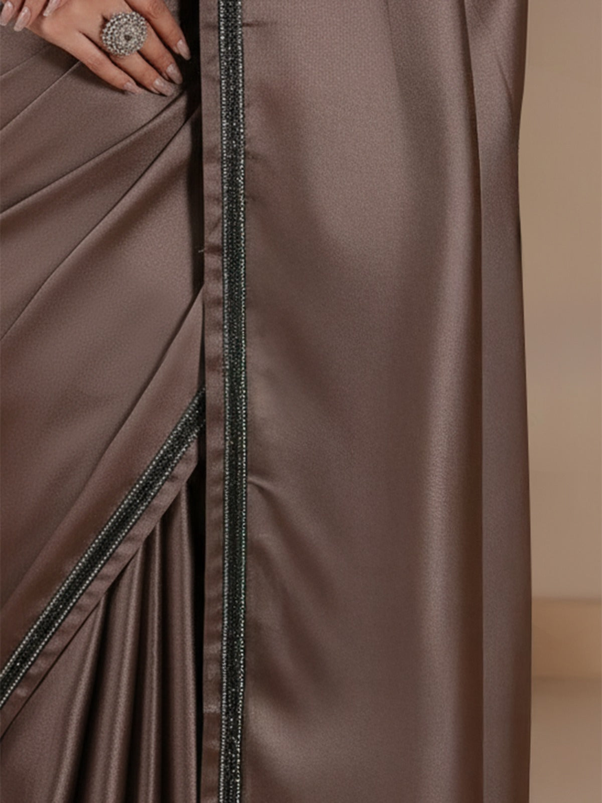 Pearl Smoke Premium Satin Embroidered Aura Saree