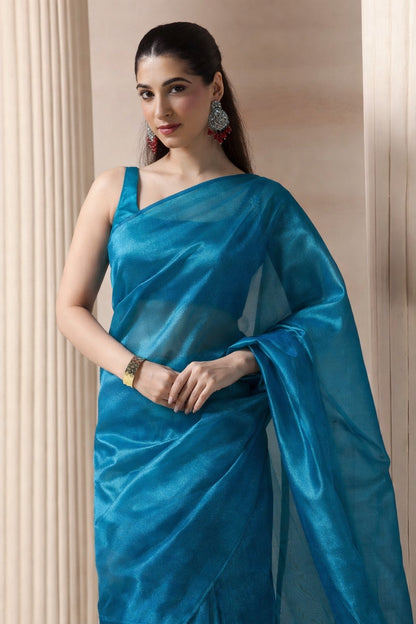 Glamorous Blue Premium Tissue Saree with Blouse Fabric