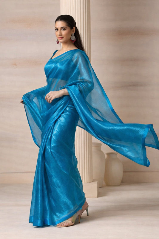 Glamorous Blue Premium Tissue Saree with Blouse Fabric