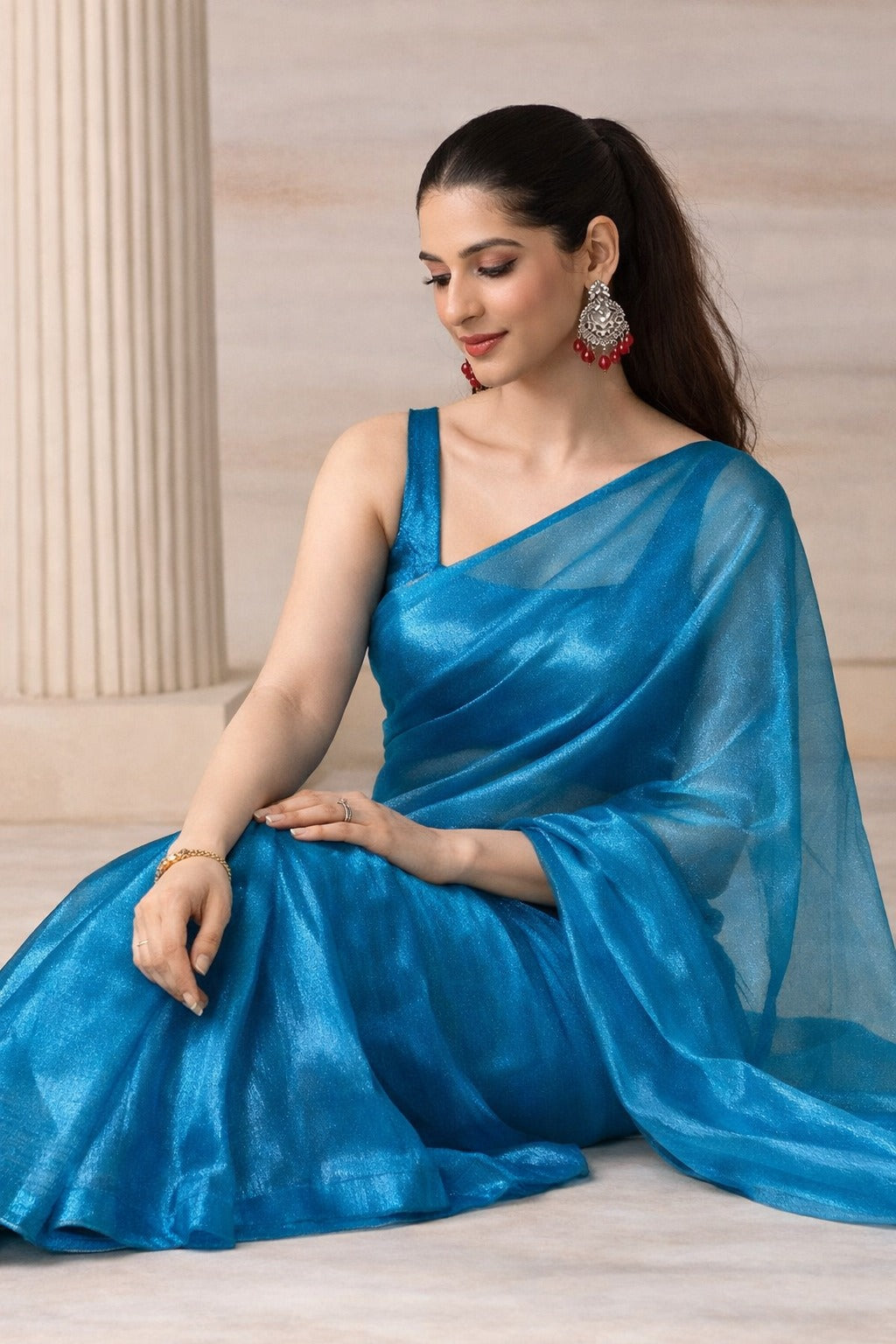 Glamorous Blue Premium Tissue Saree with Blouse Fabric