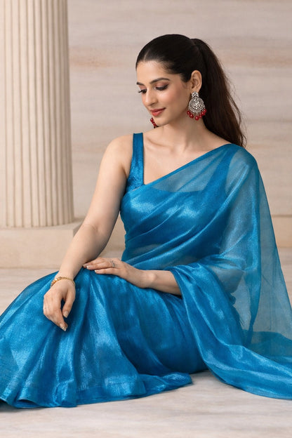 Glamorous Blue Premium Tissue Saree with Blouse Fabric