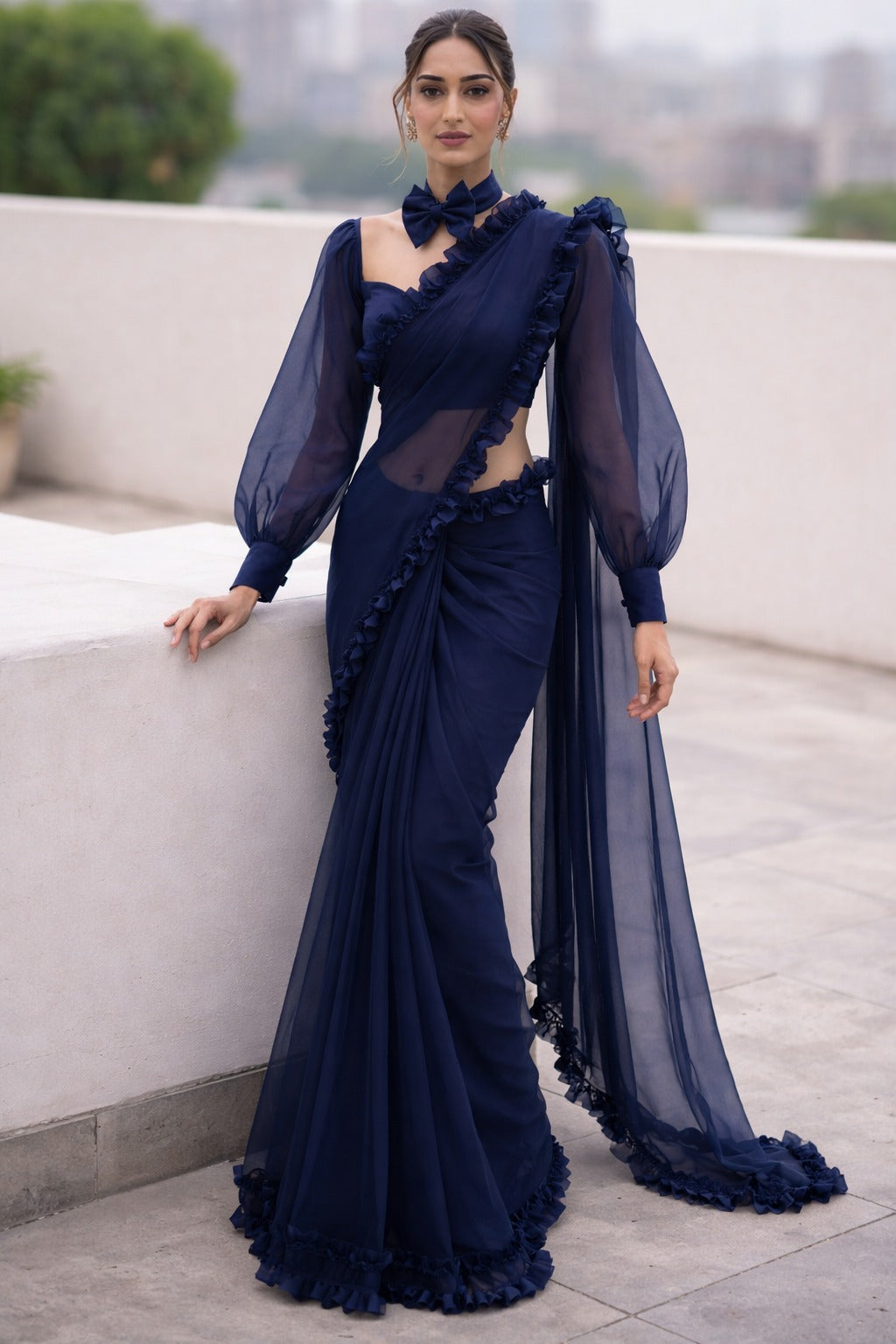 Ravishing Midnight Ruffle Organza Saree with Blouse Fabric