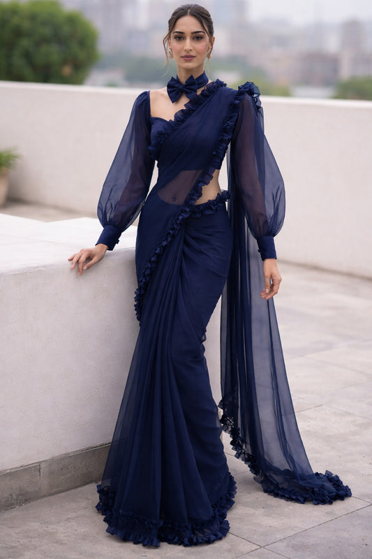 Ravishing Midnight Ruffle Organza Saree With Unstitched Blouse