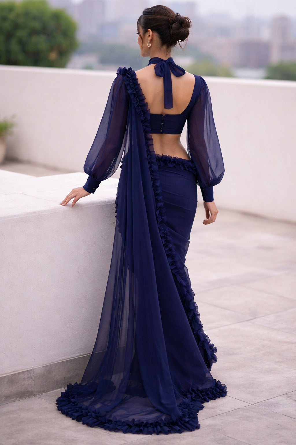 Ravishing Midnight Ruffle Organza Saree with Blouse Fabric
