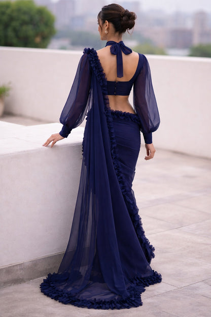 Ravishing Midnight Ruffle Organza Saree with Blouse Fabric