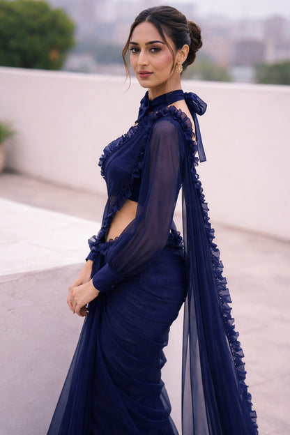 Ravishing Midnight Ruffle Organza Saree with Blouse Fabric