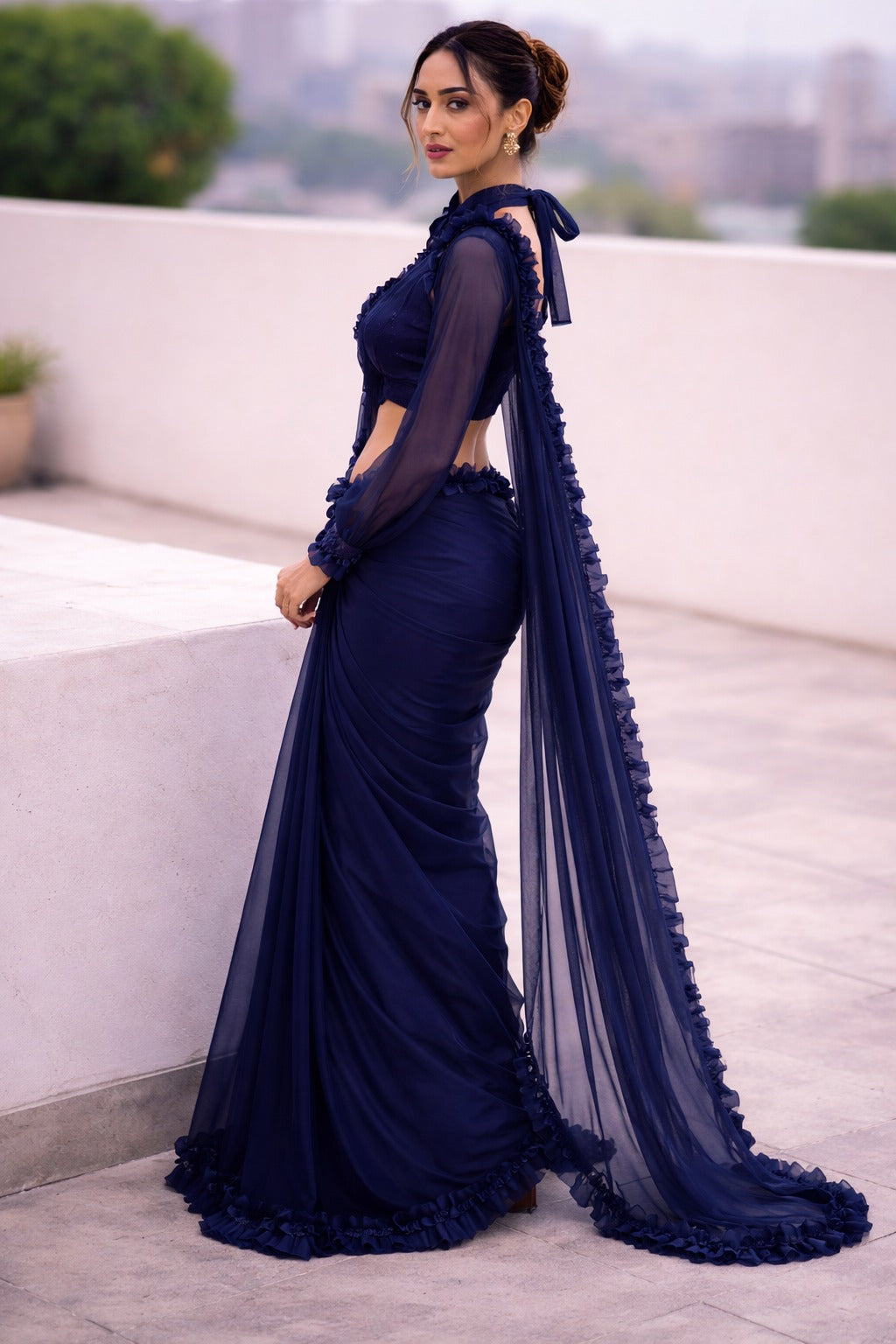 Ravishing Midnight Ruffle Organza Saree with Blouse Fabric