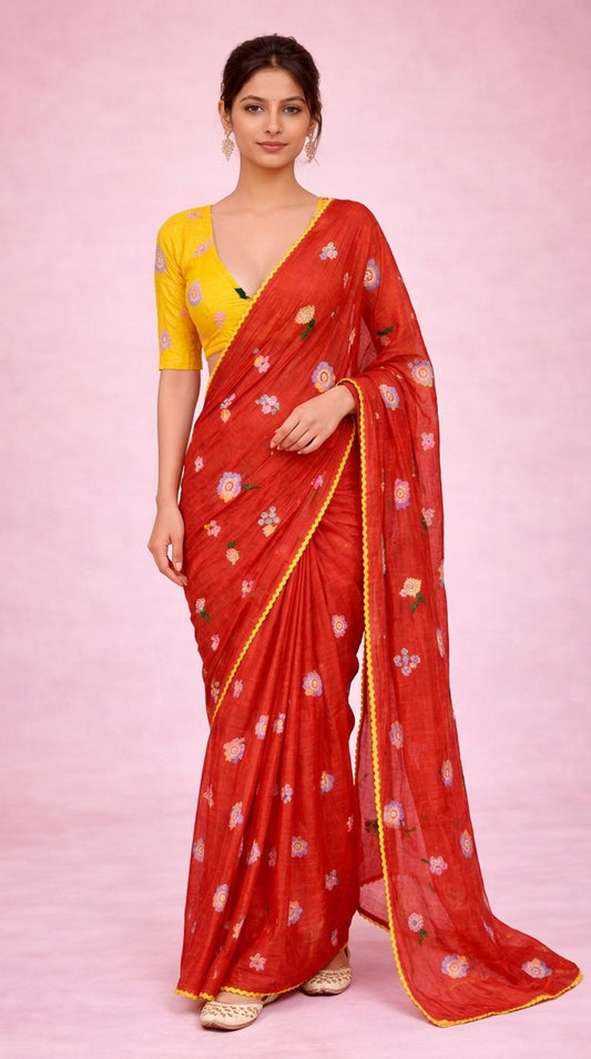 Festive Bloom Embroidered Chanderi Mul Saree with Unstitched Blouse