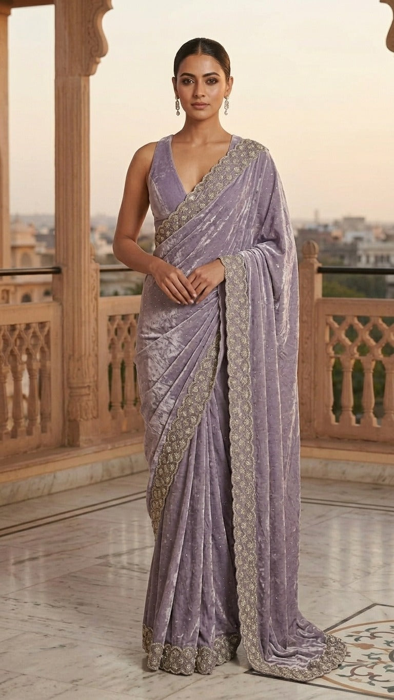 Dreamy Lavender Jimmy Choo Embellished Saree with Stitched Blouse