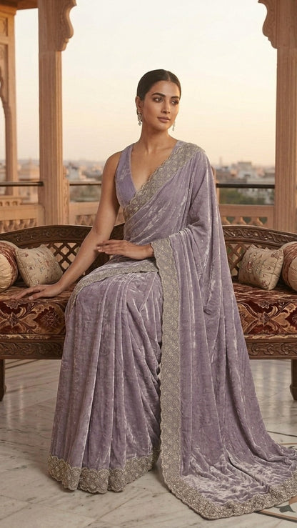 Dreamy Lavender Jimmy Choo Embellished Saree with Stitched Blouse