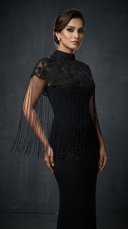 Regal Black Embroidered Cape Poncho Shrug