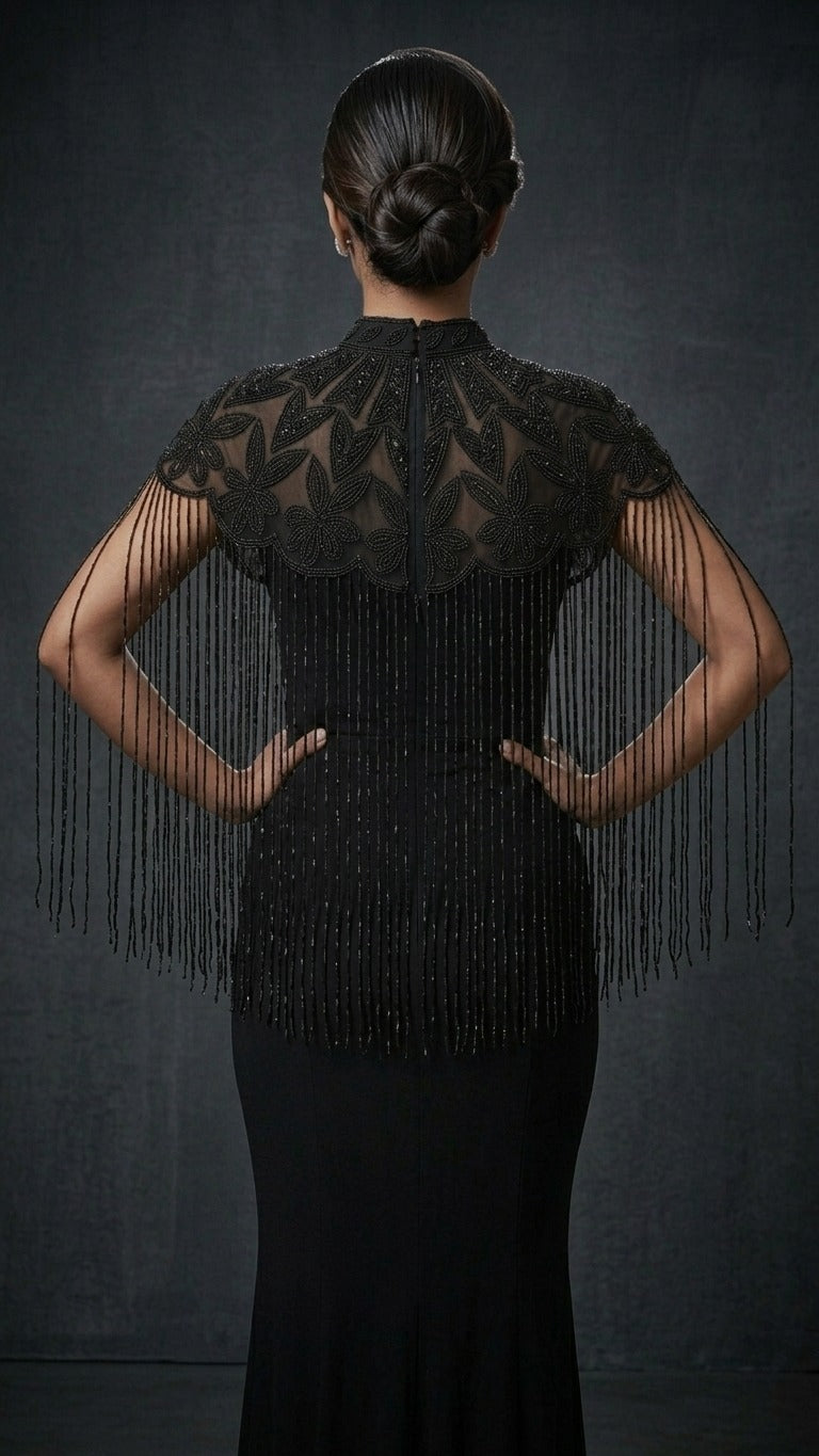 Regal Black Embroidered Cape Poncho Shrug