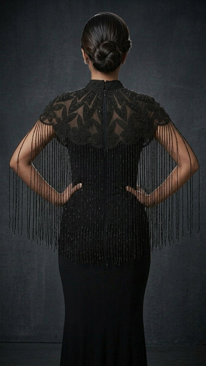 Regal Black Embroidered Cape Poncho Shrug