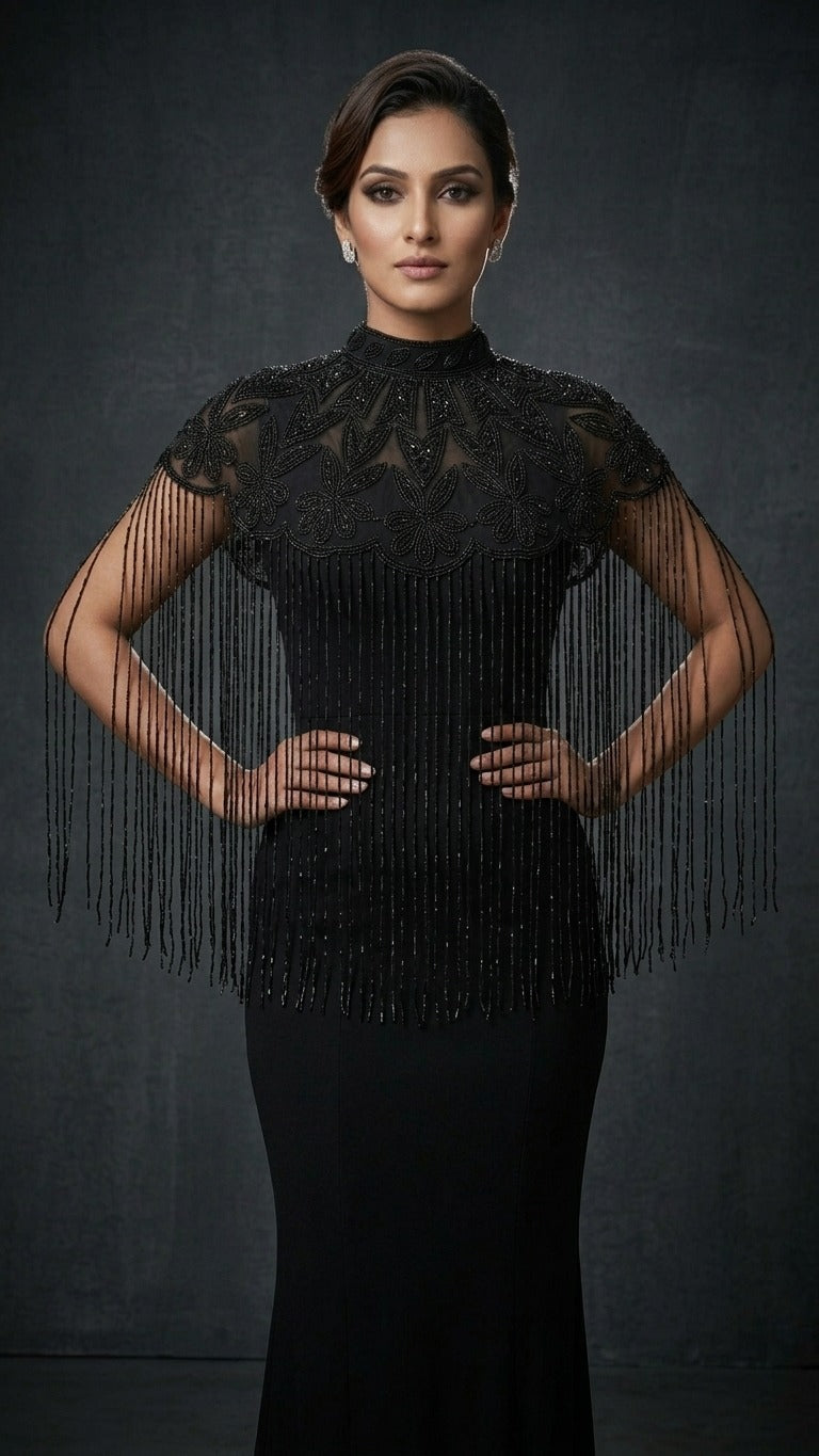 Regal Black Embroidered Cape Poncho Shrug