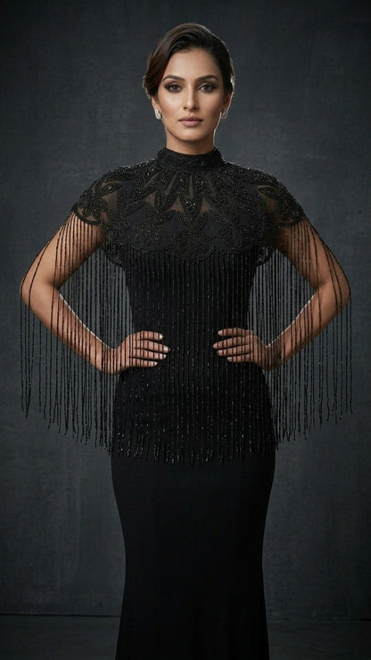 Regal Black Embroidered Cape Poncho Shrug
