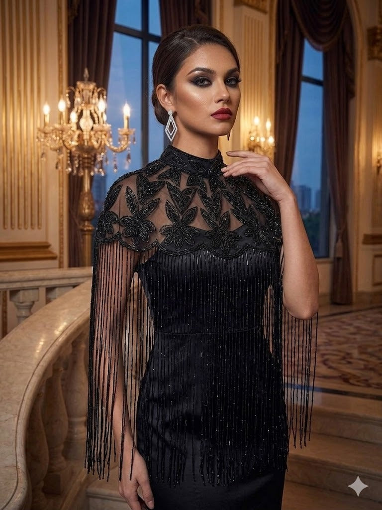 Regal Black Embroidered Cape Poncho Shrug