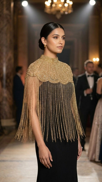 Elevated Gold Embroidered Cape Poncho Shrug