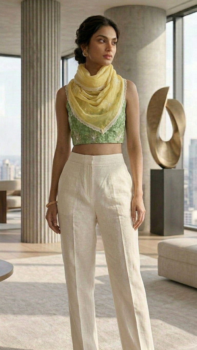 Blooming Lemon Floral Mul Chanderi Embroidered Lace Stole