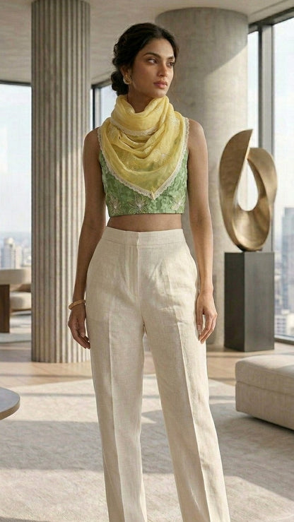 Blooming Lemon Floral Mul Chanderi Embroidered Lace Stole
