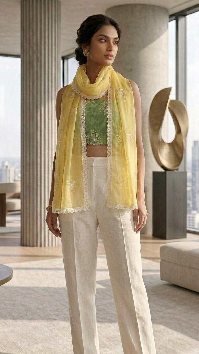 Blooming Lemon Floral Mul Chanderi Embroidered Lace Stole