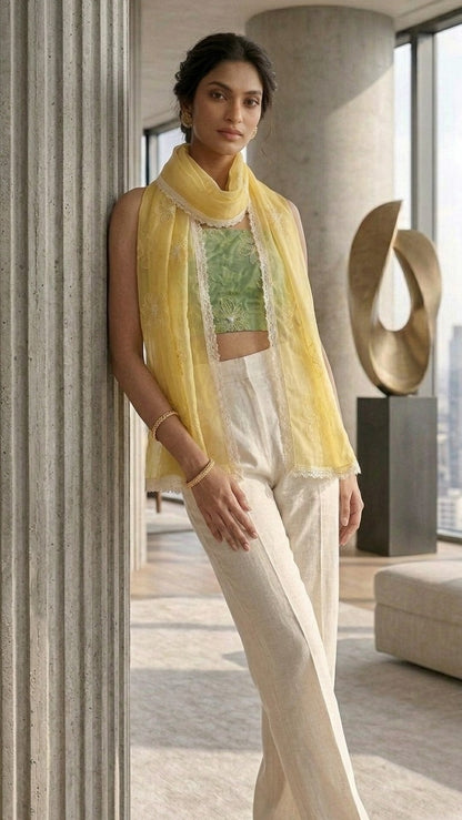 Blooming Lemon Floral Mul Chanderi Embroidered Lace Stole