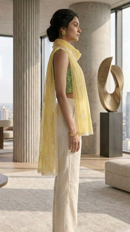 Blooming Lemon Floral Mul Chanderi Embroidered Lace Stole