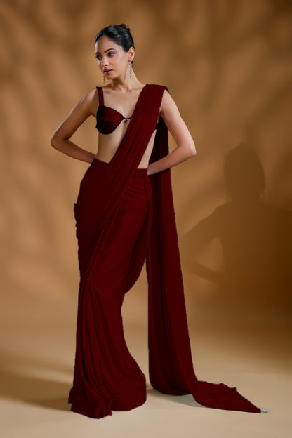 Premium Designer Red Ready-to-Wear Saree with Unique Drape in Luxe Fabric