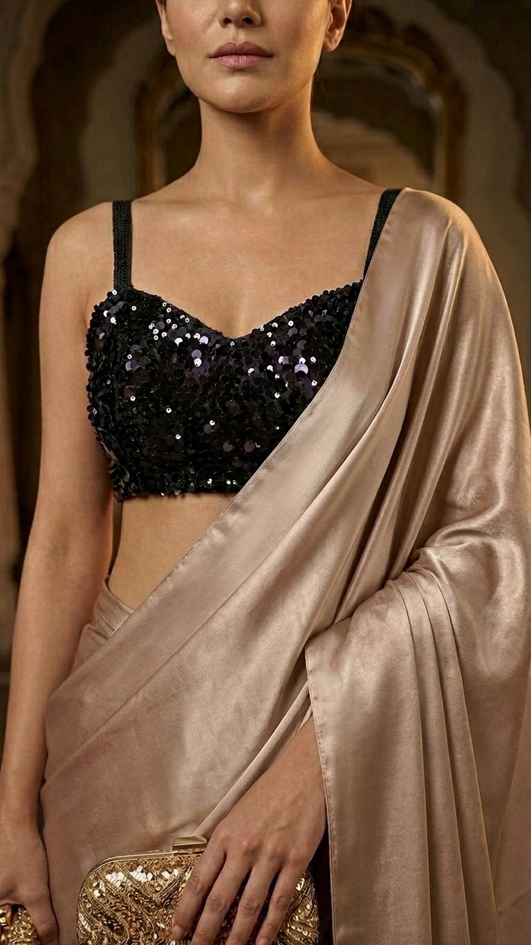 Ravishing Mocha Satin Saree With Full Sequins Blouse Fabric