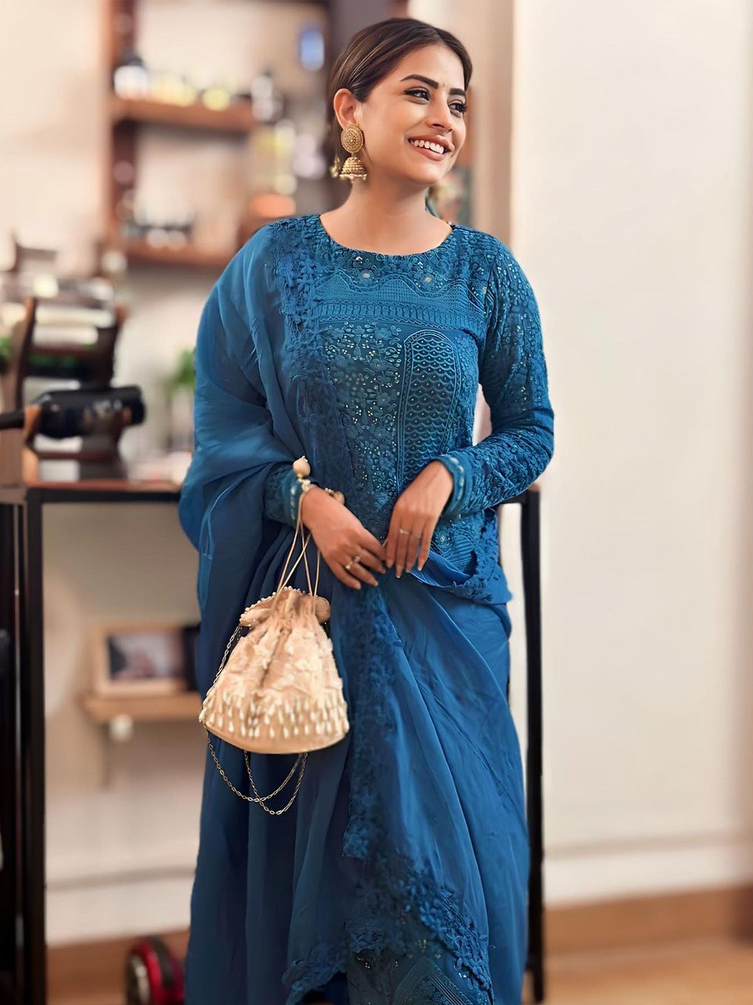 Powder Blue Lucknowi Chikankari Suit Set - Urban Womania