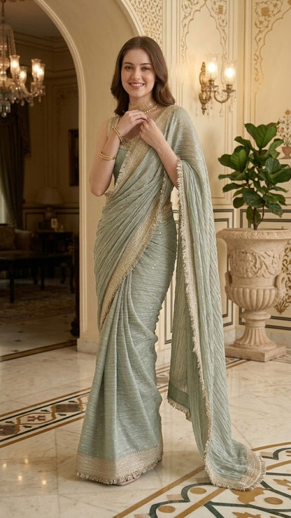 Royal Haze Zari Butti Embellished Lace Crinkled Saree with Blouse Fabric