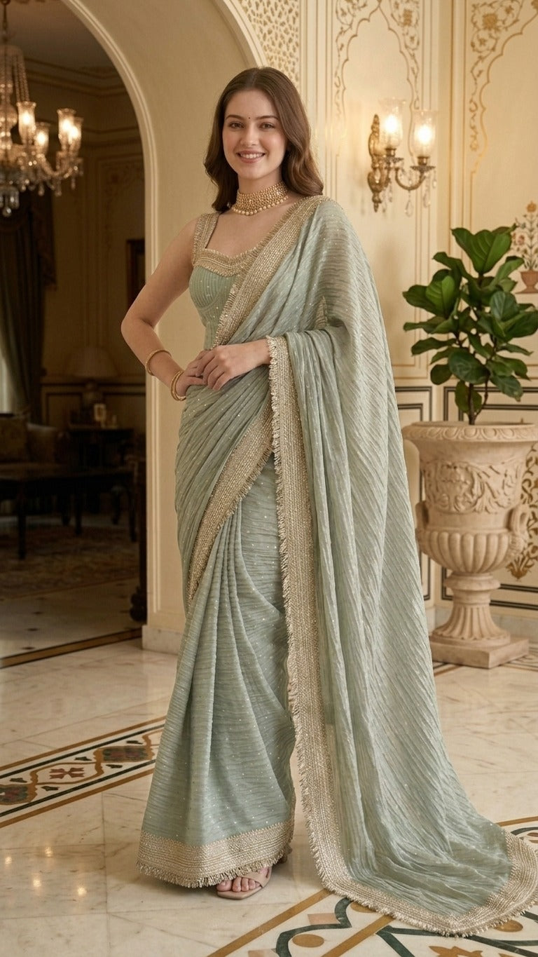 Royal Haze Zari Butti Embellished Lace Crinkled Saree with Blouse Fabric