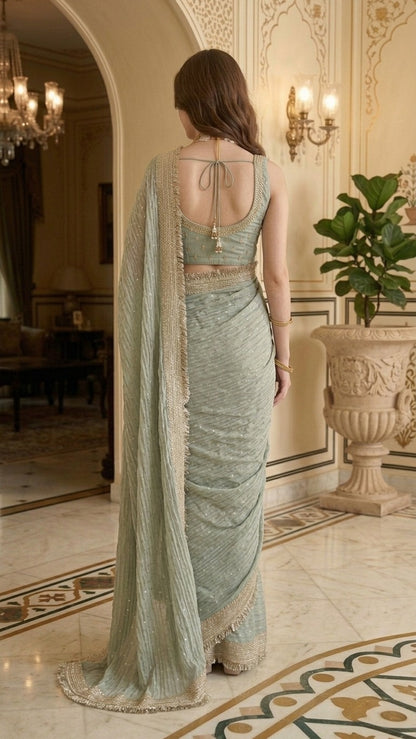 Royal Haze Zari Butti Embellished Lace Crinkled Saree with Blouse Fabric