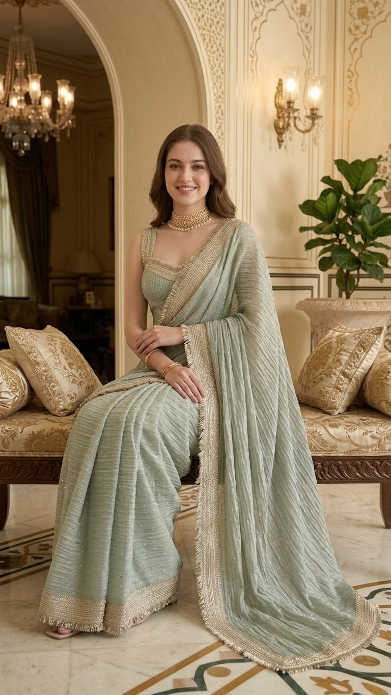 Royal Haze Zari Butti Embellished Lace Crinkled Saree with Blouse Fabric