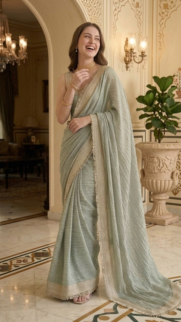 Royal Haze Zari Butti Embellished Lace Crinkled Saree with Blouse Fabric