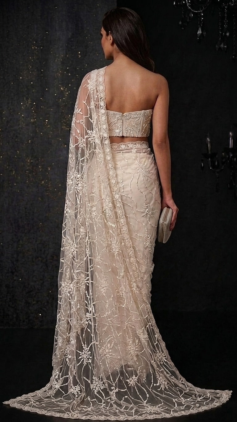 Crystal Luxe Heavy Embroidered Net Saree with Blouse Fabric