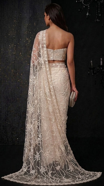 Crystal Luxe Heavy Embroidered Net Saree with Blouse Fabric