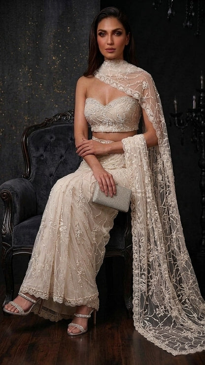 Crystal Luxe Heavy Embroidered Net Saree with Blouse Fabric