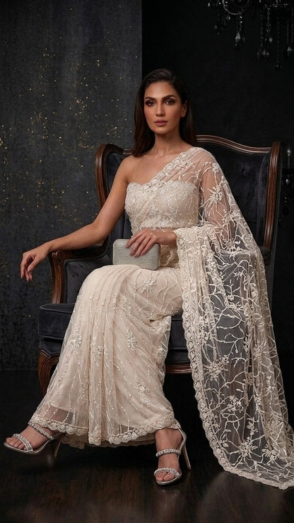 Crystal Luxe Heavy Embroidered Net Saree with Blouse Fabric