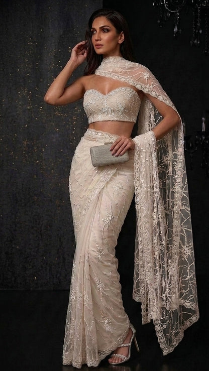 Crystal Luxe Heavy Embroidered Net Saree with Blouse Fabric